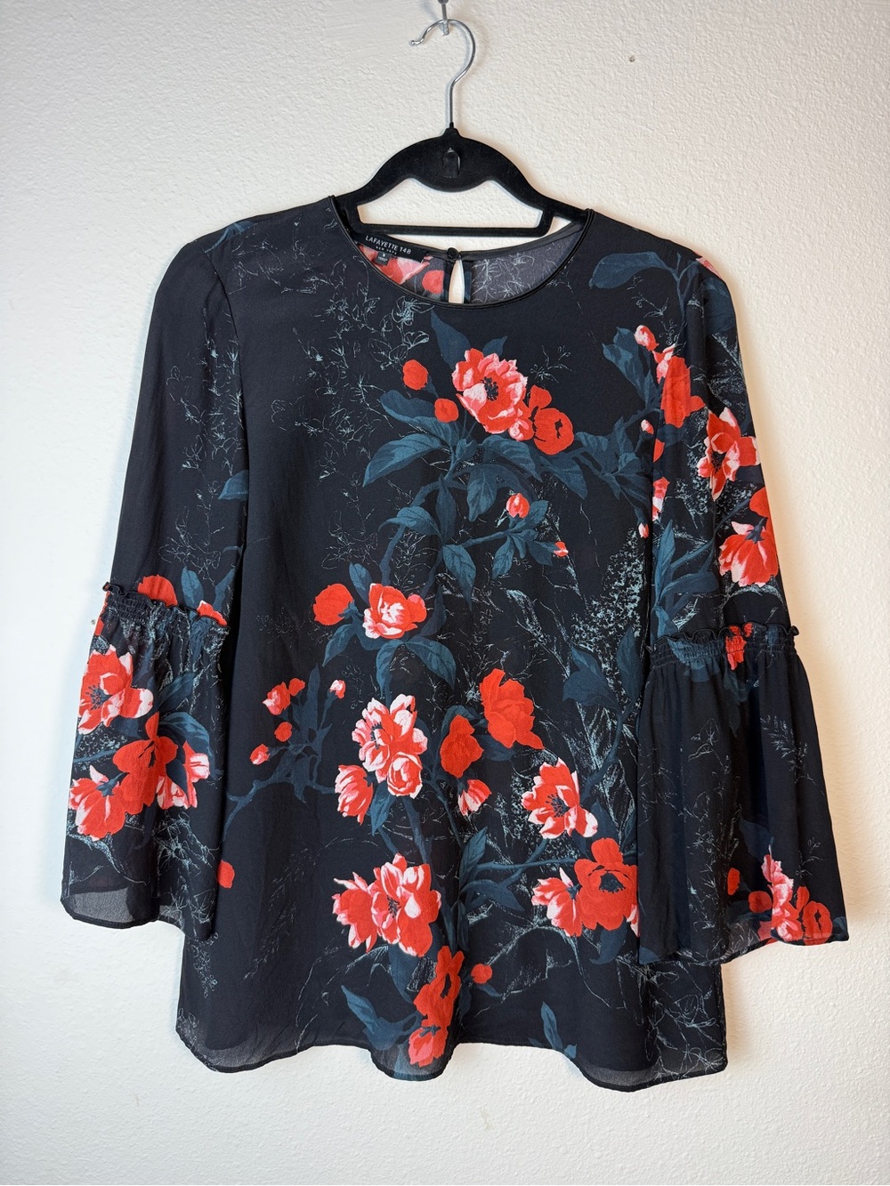 Lafayette 148 New York Silk Floral Blouse S Bell Sleeve Flower Print Top Pleat